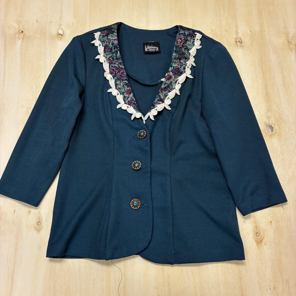 Vintage Whirlaway Frocks Blazer Jacket Womens 10 Blue Lace Floral Made USA